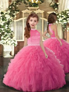 Amazing Rose Pink Sleeveless Tulle Backless Little Girls Pageant Gowns for Party and Sweet 16 and Wedding Party