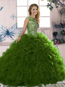 Sleeveless Floor Length Beading and Ruffles Lace Up Party Dress Wholesale with Olive Green