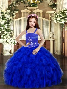 Floor Length Lace Up Little Girls Pageant Dress Wholesale Royal Blue for Party and Sweet 16 and Wedding Party with Beading and Ruffles