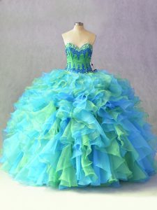Fantastic Multi-color Organza Lace Up 15th Birthday Dress Sleeveless Floor Length Beading and Ruffles