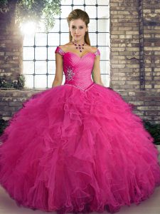 Fancy Floor Length Hot Pink Quinceanera Gown Tulle Sleeveless Beading and Ruffles