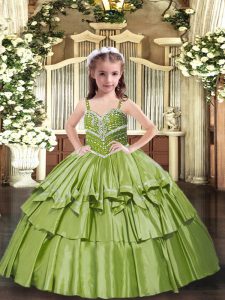 Olive Green Straps Neckline Beading and Ruffled Layers Child Pageant Dress Sleeveless Lace Up