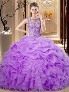 Lavender Sleeveless Floor Length Beading and Ruffles and Pick Ups Lace Up Vestidos de Quinceanera
