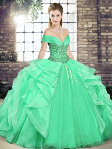 Chic Apple Green Off The Shoulder Neckline Beading and Ruffles Quince Ball Gowns Sleeveless Lace Up