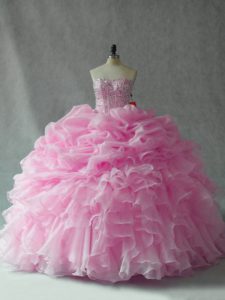 Flirting Baby Pink Strapless Neckline Beading and Ruffles and Pick Ups Sweet 16 Dresses Sleeveless Lace Up