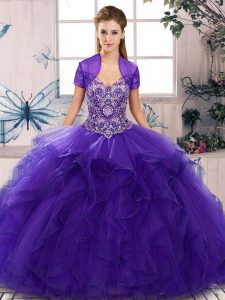 Sleeveless Floor Length Beading and Ruffles Lace Up Quinceanera Gown with Purple