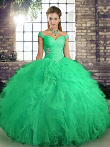 Exquisite Turquoise Lace Up Quinceanera Gowns Beading and Ruffles Sleeveless Floor Length