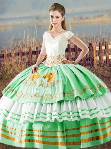 Apple Green Satin Lace Up V-neck Sleeveless Floor Length 15th Birthday Dress Embroidery and Ruffled Layers