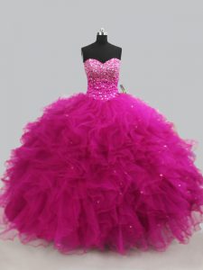 Shining Fuchsia Sweetheart Neckline Beading and Ruffles Quince Ball Gowns Sleeveless Lace Up