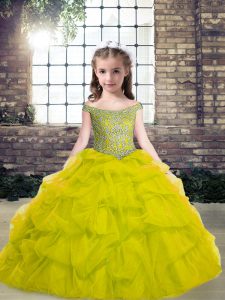 Beautiful Green Little Girl Pageant Dress Party and Wedding Party with Beading Off The Shoulder Sleeveless Lace Up