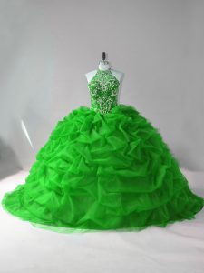 Discount Organza Halter Top Sleeveless Court Train Lace Up Beading and Pick Ups Quinceanera Gowns in Green