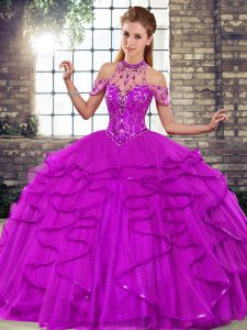 Tulle Halter Top Sleeveless Lace Up Beading and Ruffles Quince Ball Gowns in Purple