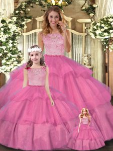 Charming Hot Pink Ball Gowns Lace and Ruffled Layers Sweet 16 Dresses Zipper Tulle Sleeveless Floor Length