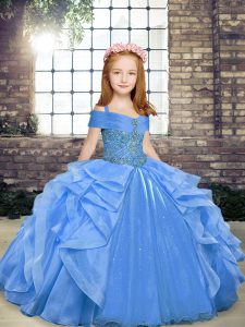 Top Selling Blue Ball Gowns Straps Sleeveless Organza Floor Length Lace Up Beading and Ruffles Pageant Dress for Teens