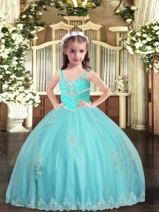 Straps Sleeveless Lace Up Little Girl Pageant Gowns Aqua Blue Tulle