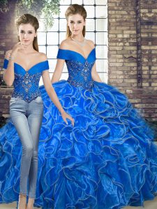 Glittering Two Pieces Quinceanera Gown Royal Blue Off The Shoulder Organza Sleeveless Floor Length Lace Up