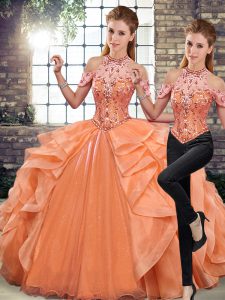 Orange Sleeveless Floor Length Beading and Ruffles Lace Up Sweet 16 Dress