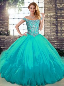 Floor Length Aqua Blue Military Ball Gowns Off The Shoulder Sleeveless Lace Up