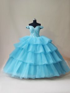 Aqua Blue Ball Gowns Beading and Ruffled Layers Quinceanera Gown Lace Up Organza and Tulle Sleeveless Floor Length