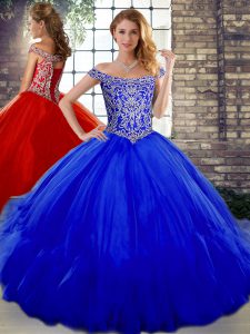 Ideal Floor Length Royal Blue Teens Party Dress Off The Shoulder Sleeveless Lace Up