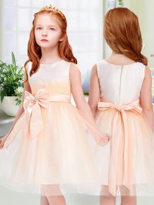 Fantastic Peach Empire Tulle Scoop Sleeveless Bowknot Knee Length Zipper Kids Pageant Dress