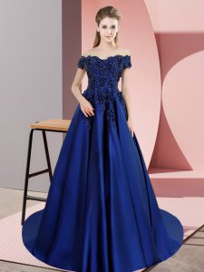Zipper Quinceanera Gown Blue for Party and Wedding Party with Lace Court Train