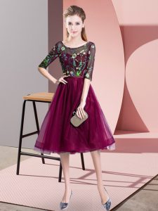 Cute Fuchsia Empire Scoop Half Sleeves Tulle Knee Length Lace Up Embroidery Vestidos de Damas