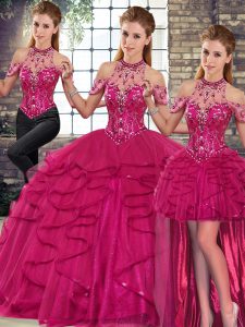 Fuchsia Tulle Lace Up Halter Top Sleeveless Floor Length Sweet 16 Dresses Beading and Ruffles