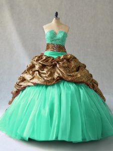 Simple Sleeveless Organza Brush Train Lace Up Vestidos de Quinceanera in Turquoise with Beading and Pick Ups