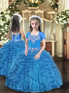 Inexpensive Baby Blue Lace Up Straps Beading and Ruffles Little Girl Pageant Dress Tulle Sleeveless