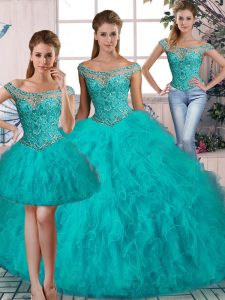 New Style Off The Shoulder Sleeveless Brush Train Lace Up Quinceanera Dresses Aqua Blue Tulle