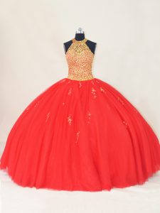 Adorable Red Lace Up Sweet 16 Dress Beading and Appliques Sleeveless Floor Length
