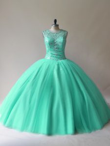 Scoop Sleeveless Lace Up Ball Gown Prom Dress Aqua Blue Tulle