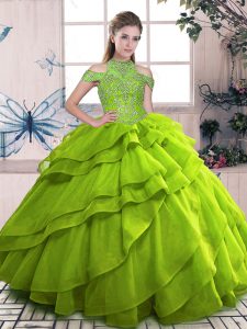 Ball Gowns Quinceanera Dresses Olive Green High-neck Organza Sleeveless Floor Length Lace Up