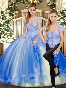 Spectacular Sleeveless Floor Length Beading and Ruffles Lace Up 15th Birthday Dress with Blue