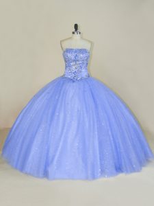 Lavender Tulle Lace Up Strapless Sleeveless Floor Length Quinceanera Dresses Beading and Sequins