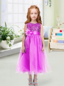 Glorious Lilac Zipper Pageant Dress Wholesale Sequins and Hand Made Flower Sleeveless Tea Length