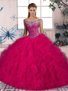 New Arrival Hot Pink Tulle Lace Up Off The Shoulder Sleeveless Vestidos de Quinceanera Brush Train Beading and Ruffles
