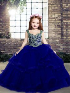 Royal Blue Mermaid Straps Sleeveless Organza Floor Length Lace Up Beading and Ruffles Little Girls Pageant Dress Wholesale
