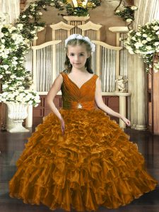 Organza V-neck Sleeveless Backless Beading and Ruffles High School Pageant Dress in Brown