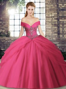 Hot Pink Ball Gowns Beading and Pick Ups Sweet 16 Dresses Lace Up Tulle Sleeveless