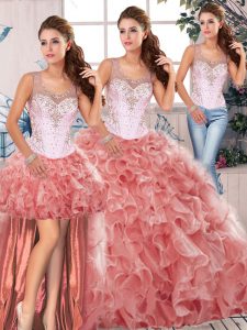 Pretty Floor Length Three Pieces Sleeveless Watermelon Red Quinceanera Dress Clasp Handle