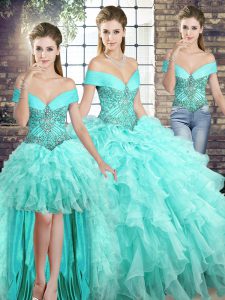 Luxurious Aqua Blue Off The Shoulder Lace Up Beading and Ruffles Quince Ball Gowns Brush Train Sleeveless