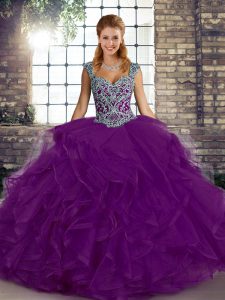 Popular Ball Gowns 15 Quinceanera Dress Purple Straps Tulle Sleeveless Floor Length Lace Up