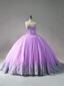 Beautiful Sleeveless Tulle Court Train Lace Up Ball Gown Prom Dress in Lilac with Appliques