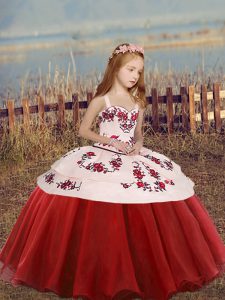 Embroidery Little Girls Pageant Dress Wholesale Red Lace Up Sleeveless Floor Length