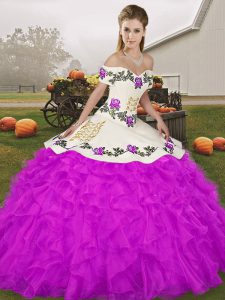Designer Organza Off The Shoulder Sleeveless Lace Up Embroidery and Ruffles Ball Gown Prom Dress in Purple
