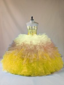 Deluxe Multi-color Organza Lace Up Sweetheart Sleeveless Floor Length Quince Ball Gowns Beading and Ruffles