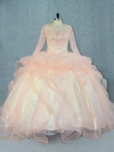 Pretty Long Sleeves Tulle Floor Length Lace Up Quinceanera Gown in Peach with Beading and Ruffles