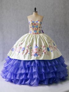 Luxury Satin and Organza Sweetheart Sleeveless Lace Up Beading and Embroidery Quince Ball Gowns in Blue